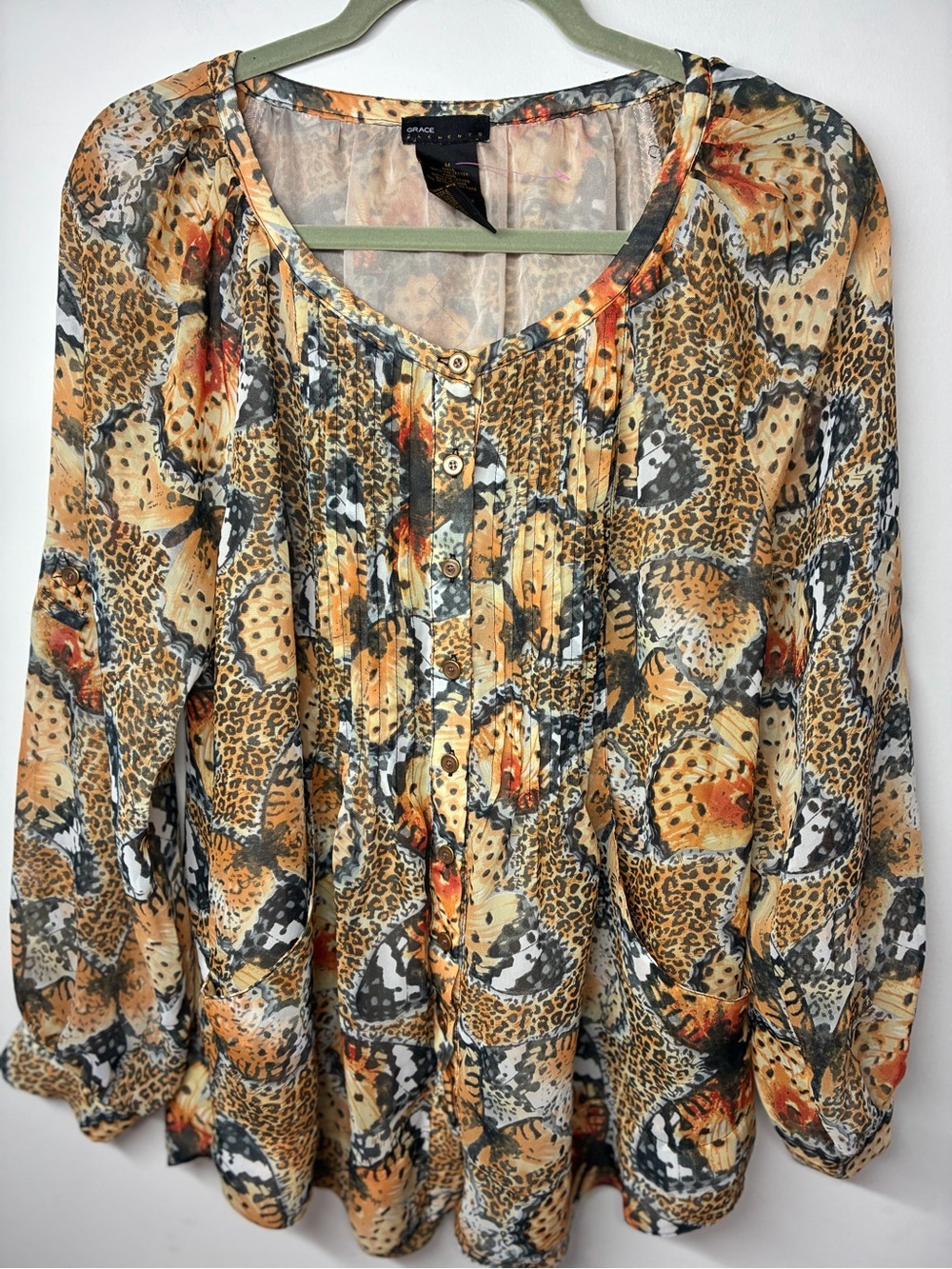 Grace Animal Print Button-Front Blouse in Orange and Tan